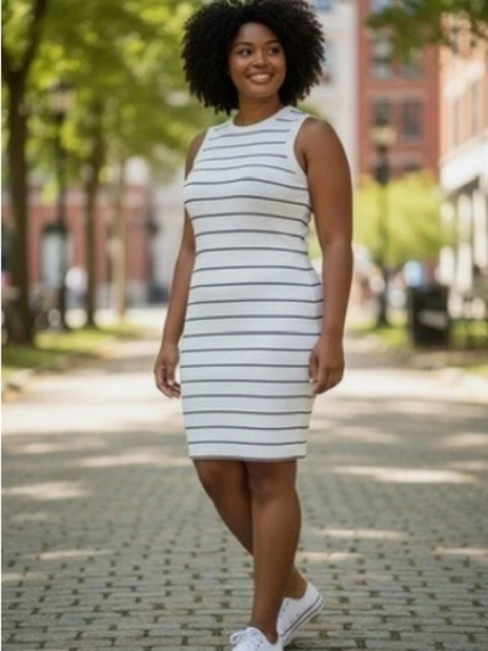 Sleeveless White Striped Bodycon Dress